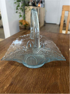 Vintage Aqua Blue Pressed Glass Basket Starburst Diamond Point Candy Dish